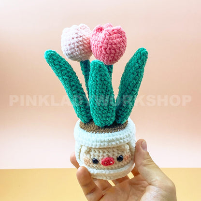 Crochet Plant Plushie with Face | Handmade Amigurumi Succulent & Tulip Pot | Cute Desk Decor, Gift, or Nursery Decoration