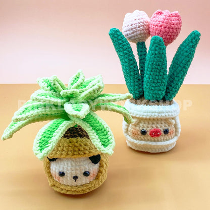 Crochet Plant Plushie with Face | Handmade Amigurumi Succulent & Tulip Pot | Cute Desk Decor, Gift, or Nursery Decoration