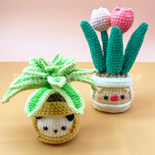 Crochet Plant Plushie with Face | Handmade Amigurumi Succulent & Tulip Pot | Cute Desk Decor, Gift, or Nursery Decoration