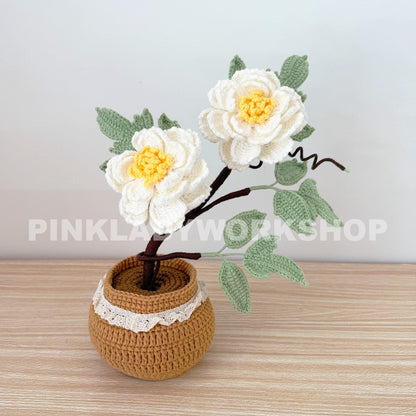 Handmade Crochet Peony Flower Bonsai Tree Pot: Cotton Yarn Home Decor | Pink | White