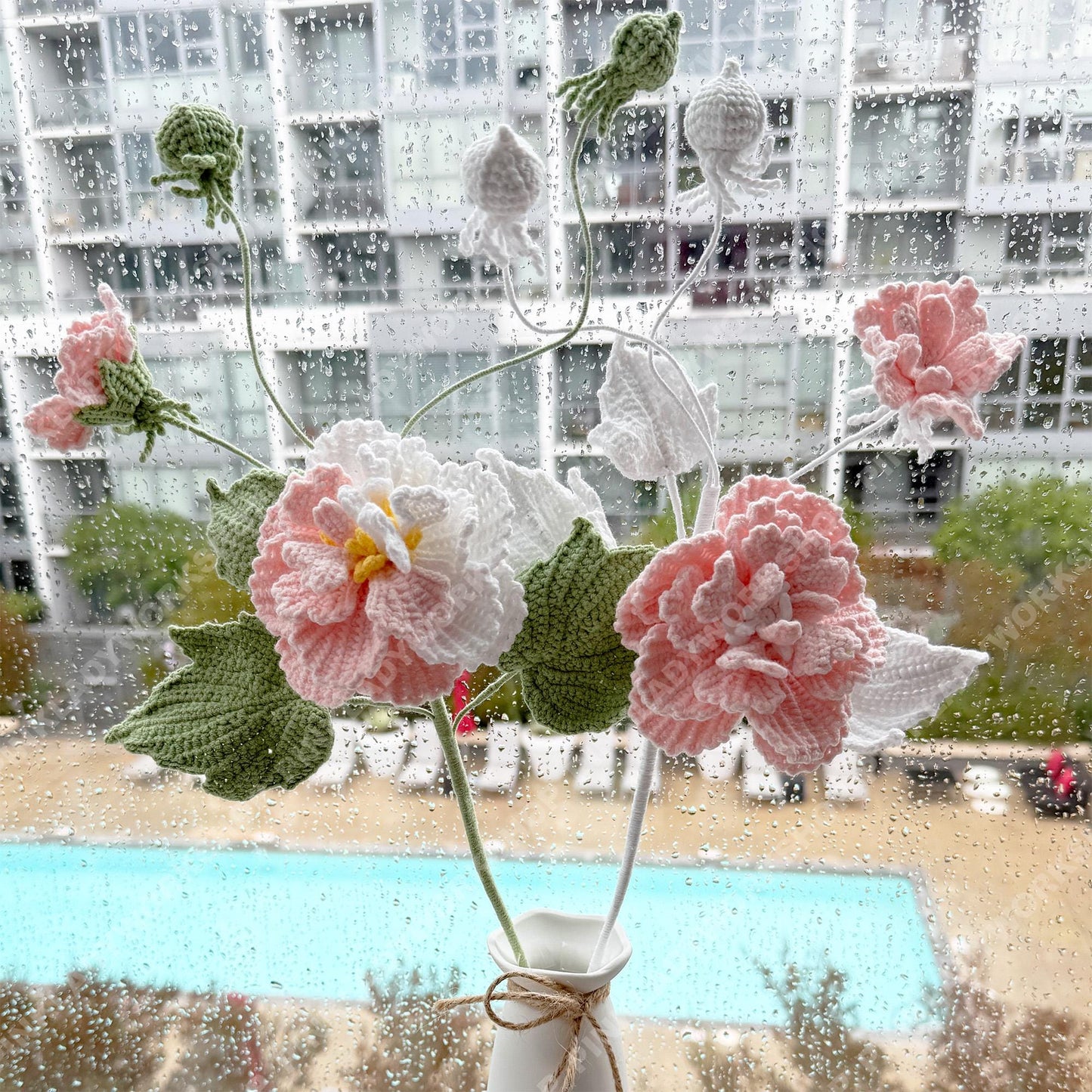 Crochet Cotton Rose Bouquet (no vase) | Handmade Hibiscus mutabilis Flowers | Pink & White Crochet Flower Arrangement | Gift Home Decor