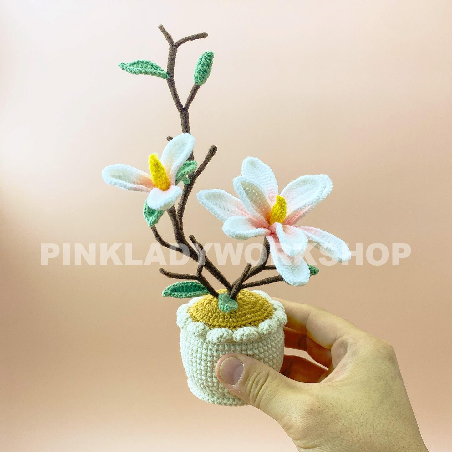 Crochet Magnolia Flower Pot | Handmade Crochet Flower Arrangement | Artificial Bloom for Home Decor & Unique Gift