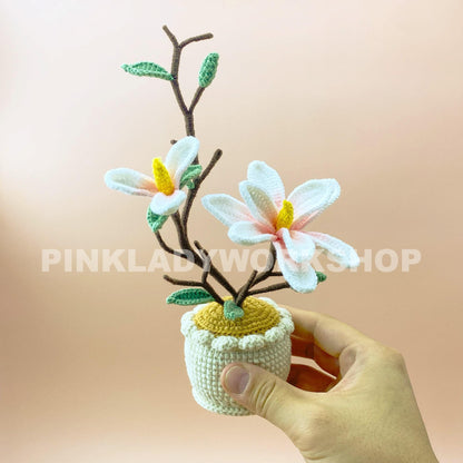 Crochet Magnolia Flower Pot | Handmade Crochet Flower Arrangement | Artificial Bloom for Home Decor & Unique Gift