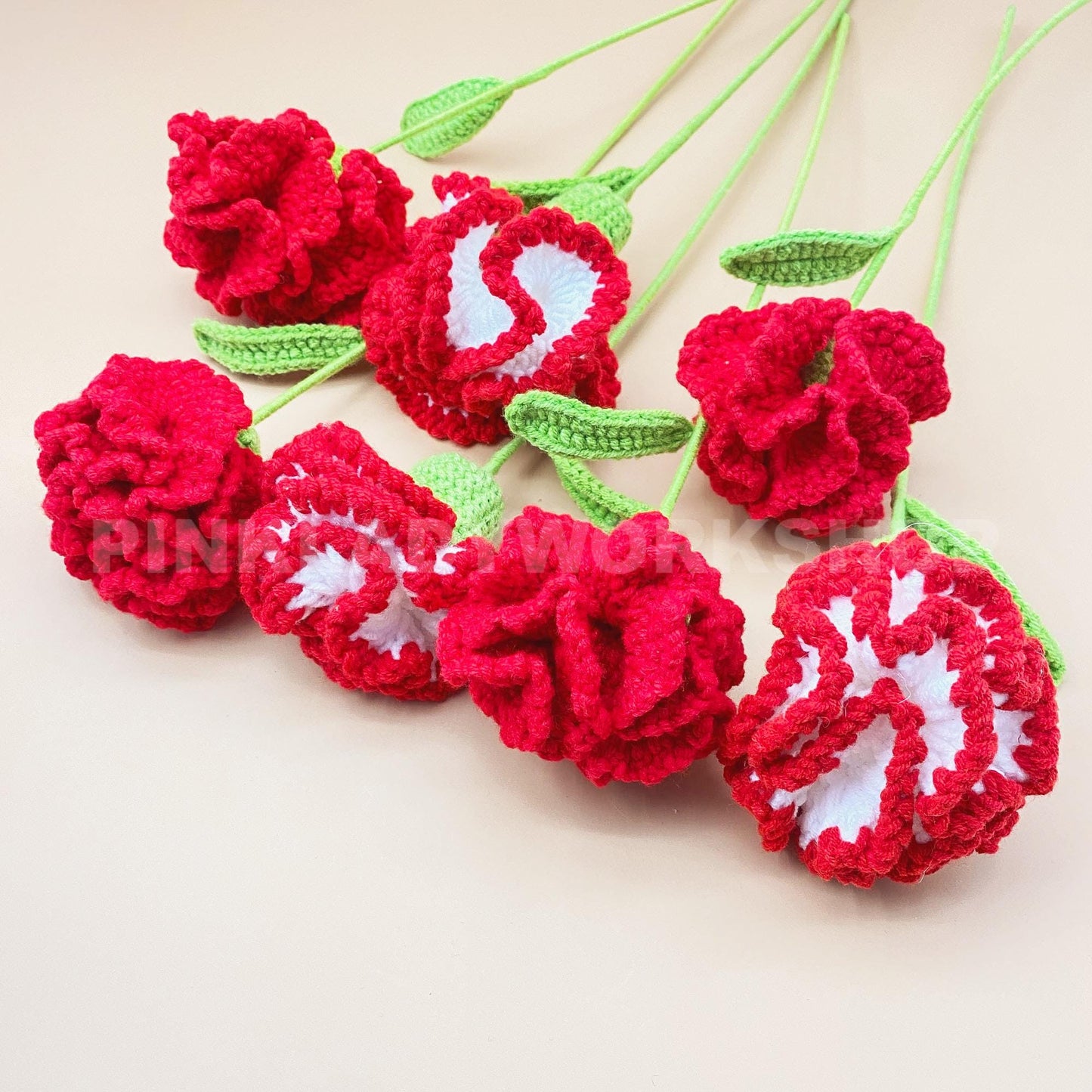 Handmade Crochet Carnation Flower Stems | Red | White| Home Decor Bouquet | Gift for Mom Girlfriend | Artificial Plant | Flowers Arrangement