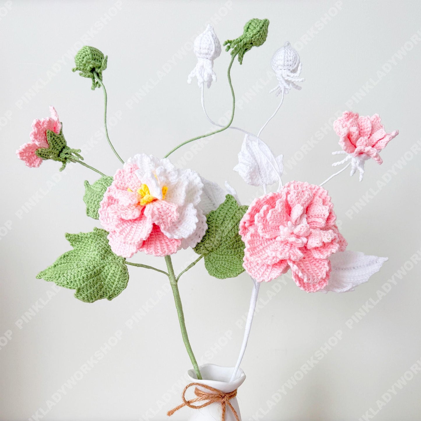 Crochet Cotton Rose Bouquet (no vase) | Handmade Hibiscus mutabilis Flowers | Pink & White Crochet Flower Arrangement | Gift Home Decor