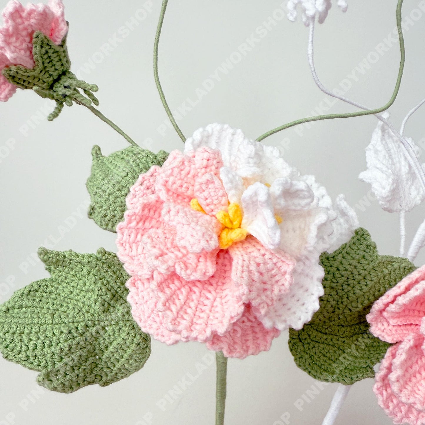 Crochet Cotton Rose Bouquet (no vase) | Handmade Hibiscus mutabilis Flowers | Pink & White Crochet Flower Arrangement | Gift Home Decor