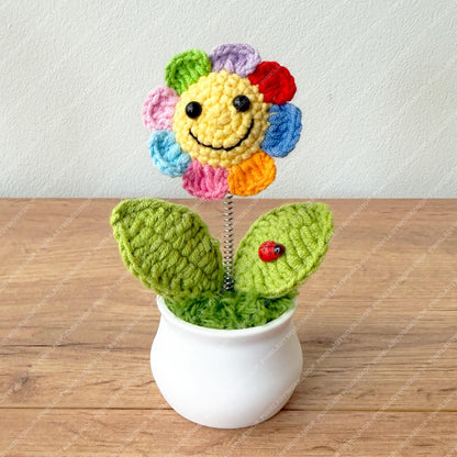 Crochet Rainbow Smiley Flower Pot | Handmade Colorful Happy Flower Decor