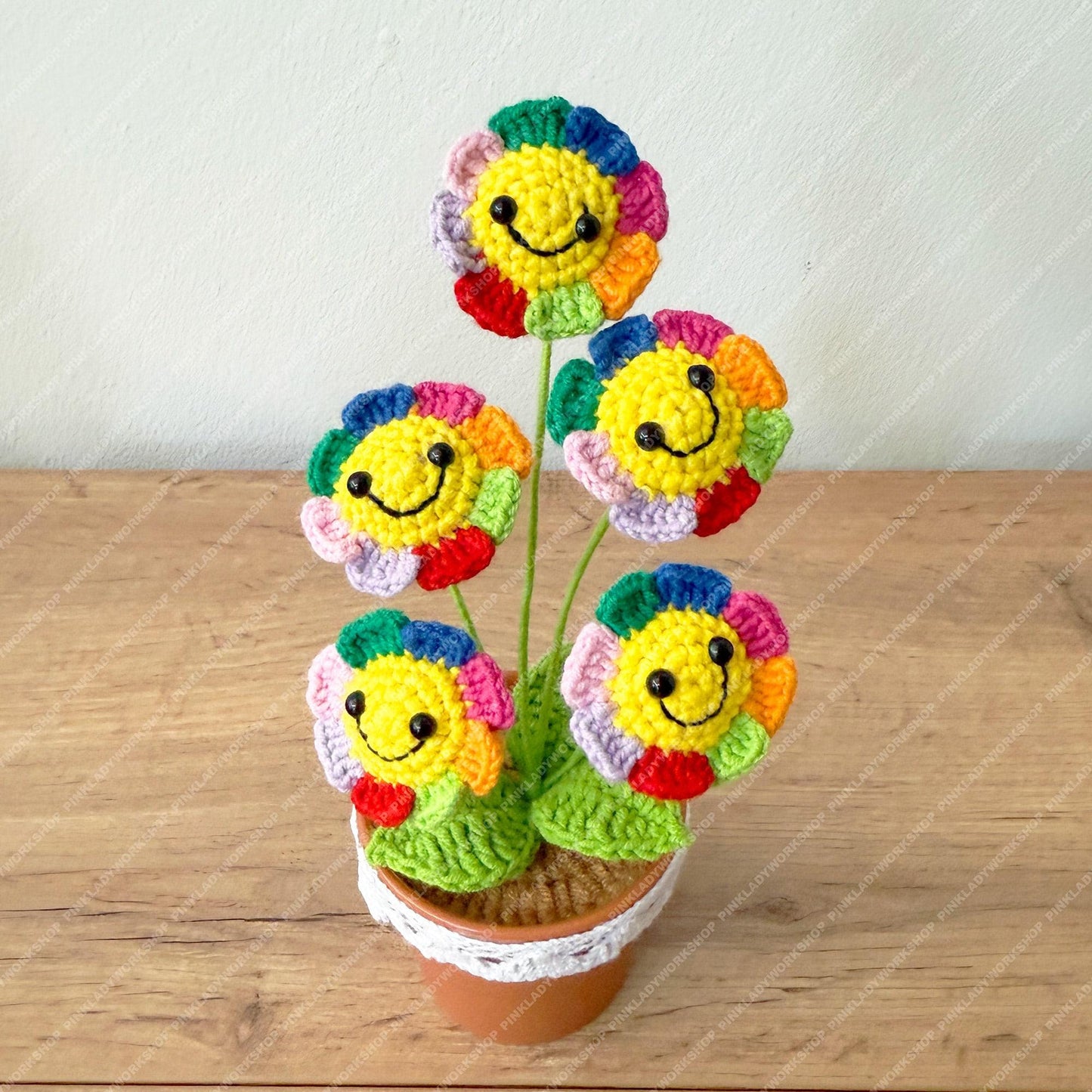 Crochet Rainbow Smiley Flower Pot | Handmade Colorful Happy Flower Decor