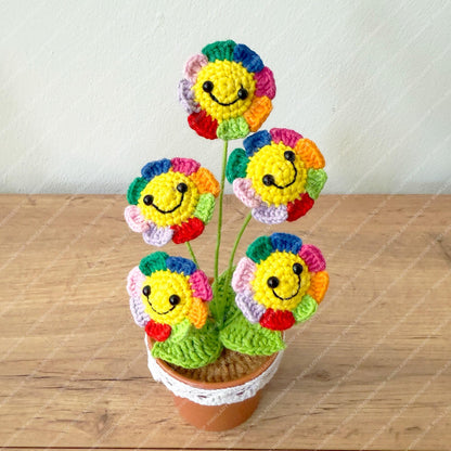 Crochet Rainbow Smiley Flower Pot | Handmade Colorful Happy Flower Decor