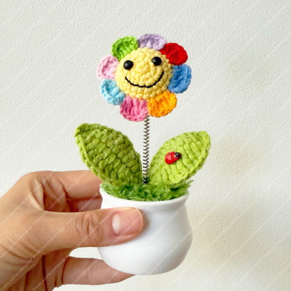 Crochet Rainbow Smiley Flower Pot | Handmade Colorful Happy Flower Decor