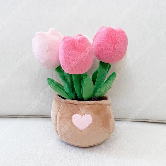 PinkLadyWorkshop Exclusive Pink Tulip | Daisy | Strawberry Pot Plush Toy: Stuffed Flower Bouquet