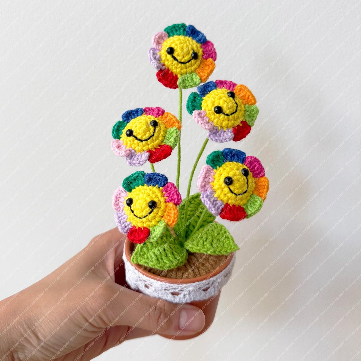 Crochet Rainbow Smiley Flower Pot | Handmade Colorful Happy Flower Decor