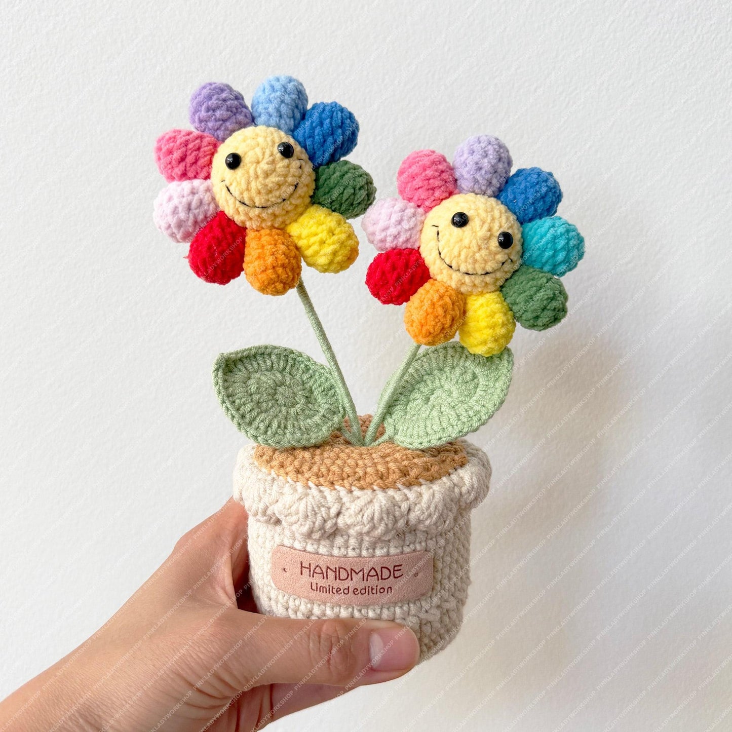 Crochet Rainbow Smiley Flower Pot | Handmade Colorful Happy Flower Decor