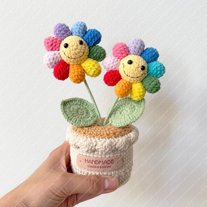 Crochet Rainbow Smiley Flower Pot | Handmade Colorful Happy Flower Decor