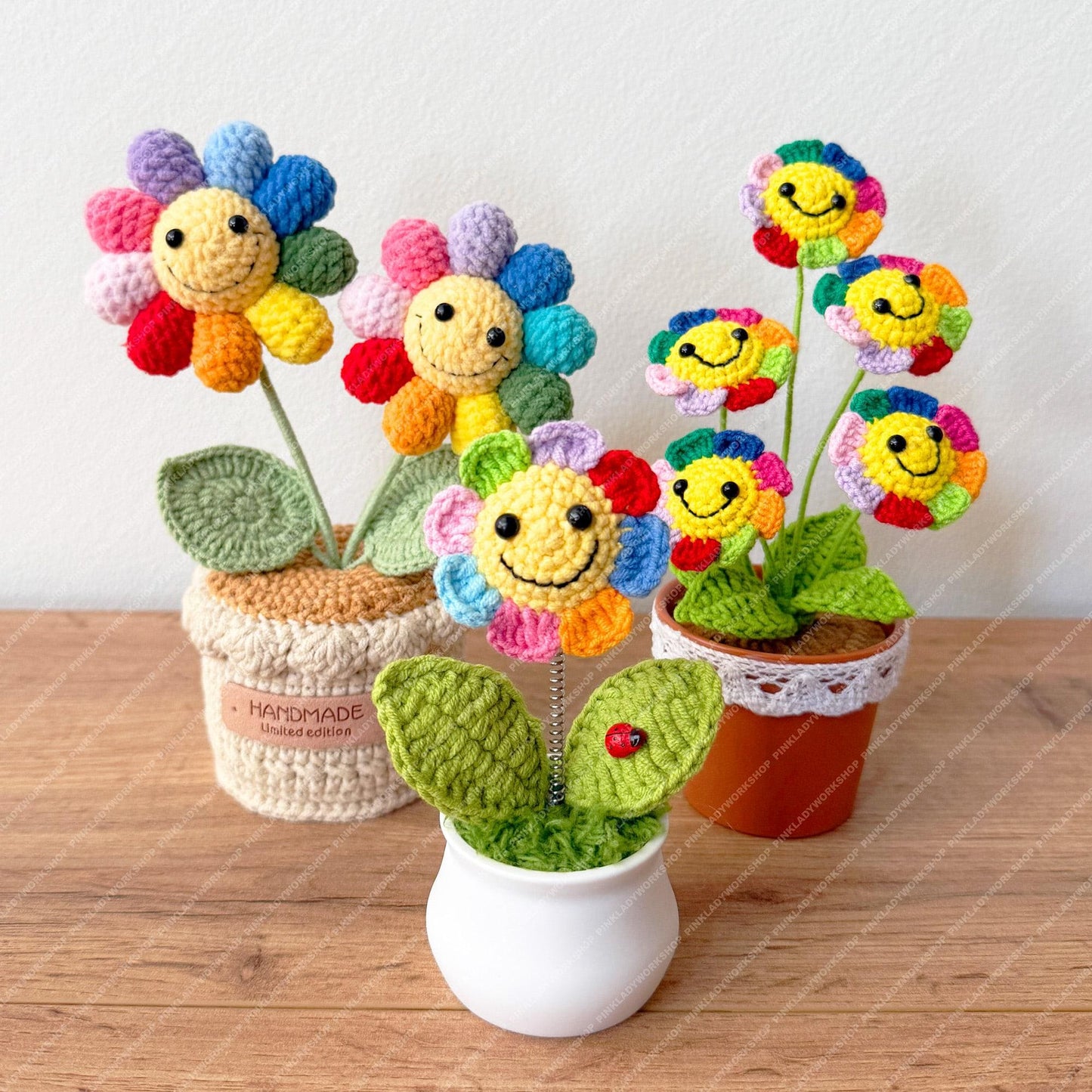 Crochet Rainbow Smiley Flower Pot | Handmade Colorful Happy Flower Decor