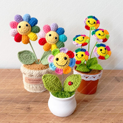 Crochet Rainbow Smiley Flower Pot | Handmade Colorful Happy Flower Decor
