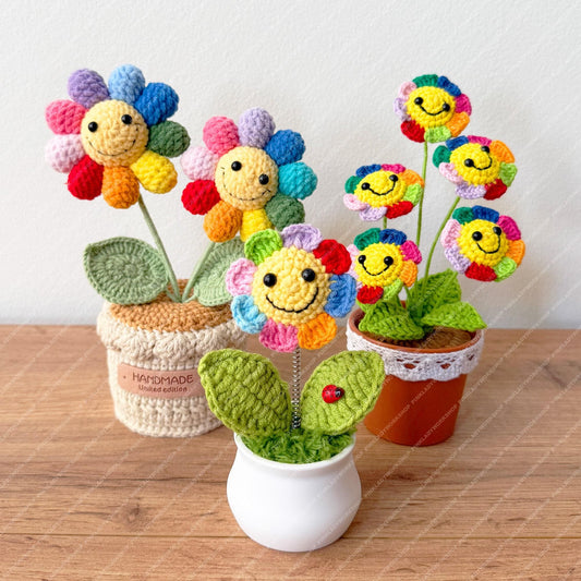 Crochet Rainbow Smiley Flower Pot | Handmade Colorful Happy Flower Decor