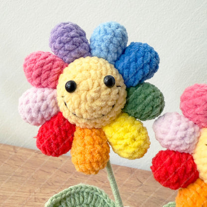 Crochet Rainbow Smiley Flower Pot | Handmade Colorful Happy Flower Decor