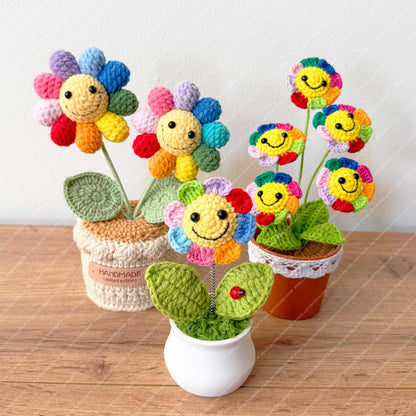 Crochet Rainbow Smiley Flower Pot | Handmade Colorful Happy Flower Decor