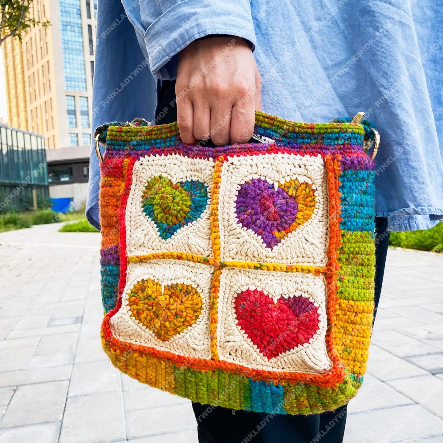 Pre-order Handmade Crochet Granny Square Bag: Colorful Heart Purse