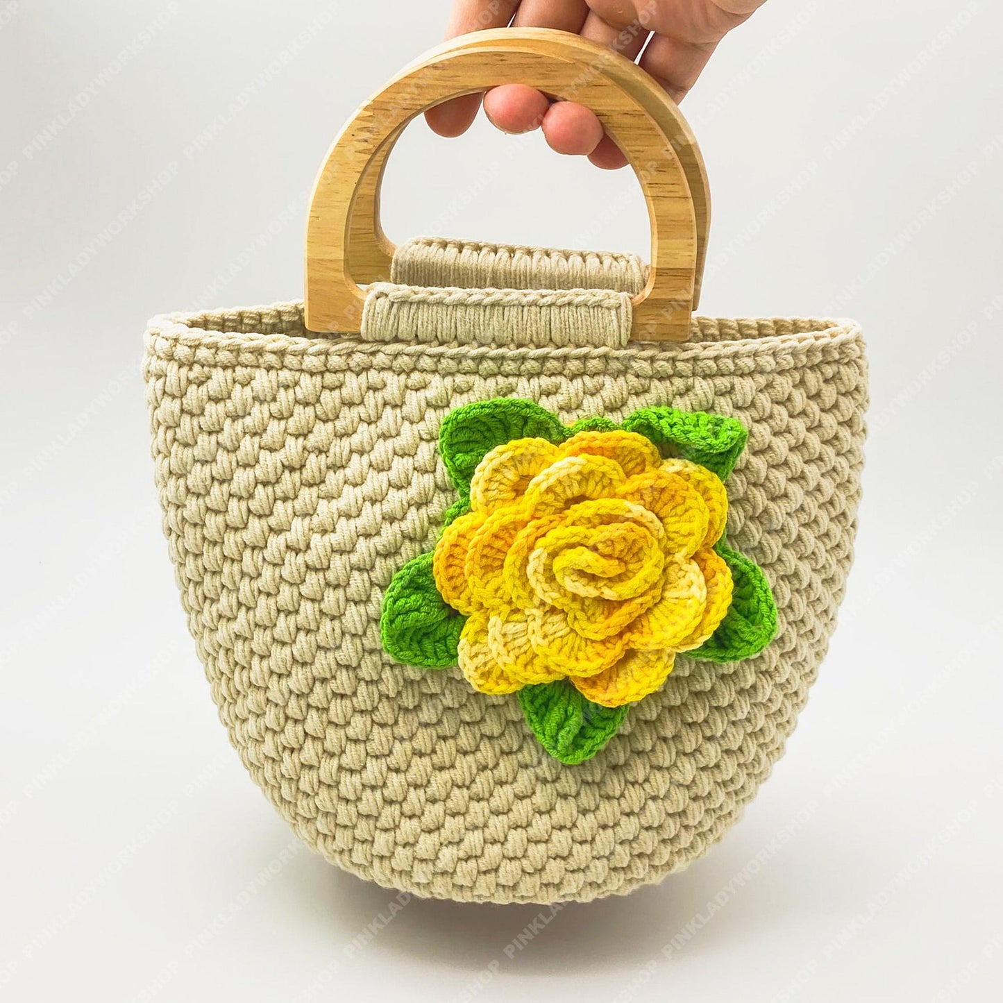 Pre-order Crochet Flower Handbag | Beige Yarn Tote with Yellow Rose