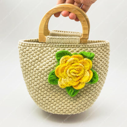 Pre-order Crochet Flower Handbag | Beige Yarn Tote with Yellow Rose