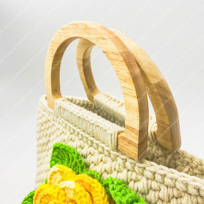 Pre-order Crochet Flower Handbag | Beige Yarn Tote with Yellow Rose