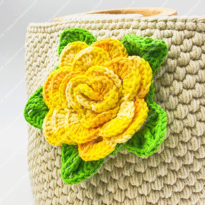 Pre-order Crochet Flower Handbag | Beige Yarn Tote with Yellow Rose