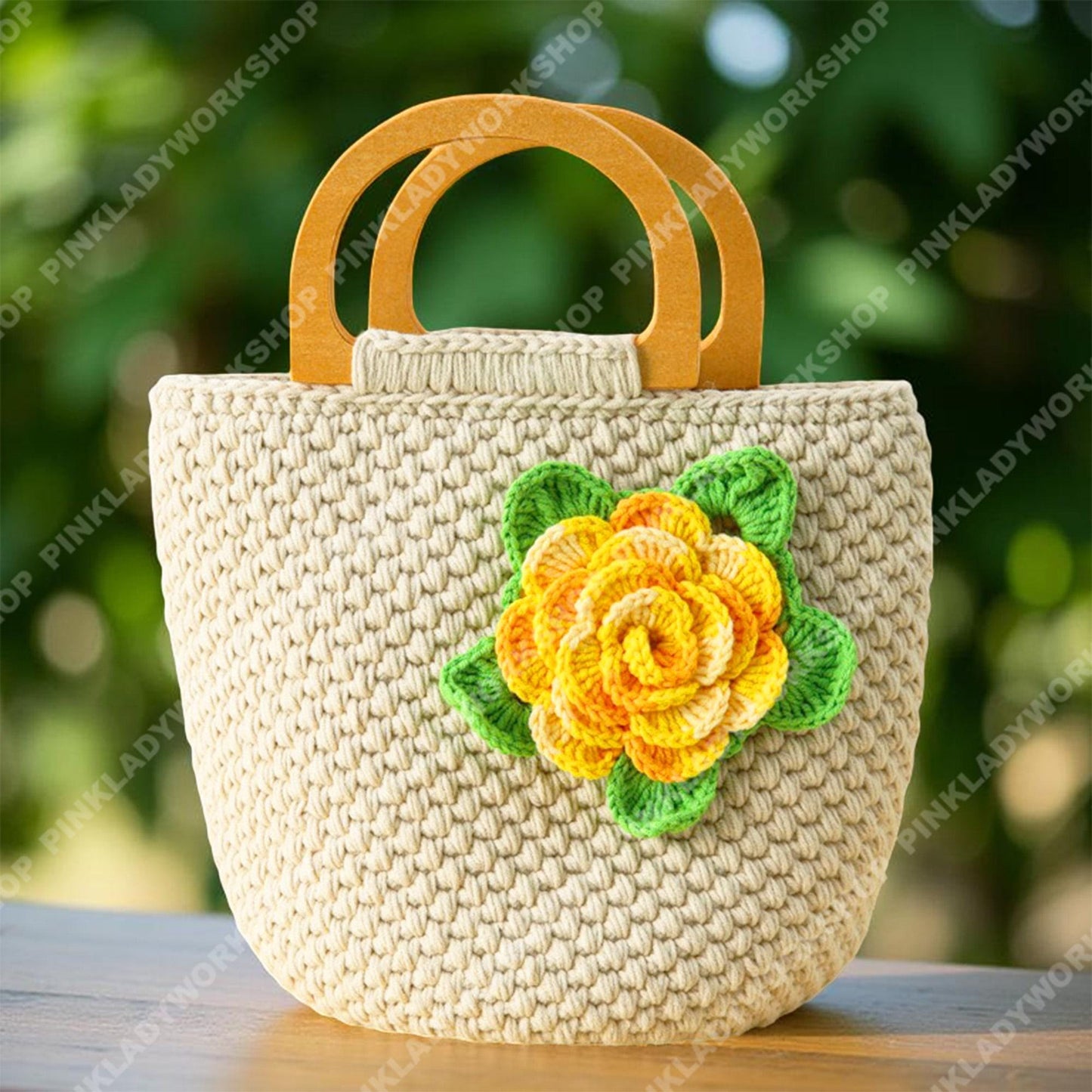 Pre-order Crochet Flower Handbag | Beige Yarn Tote with Yellow Rose