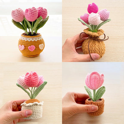 Handmade Crochet Flower Pot (included) Vase (included) | Pink Tulip Decor | Pink Crochet Flower | Decorative Plants | Crochet Flowers