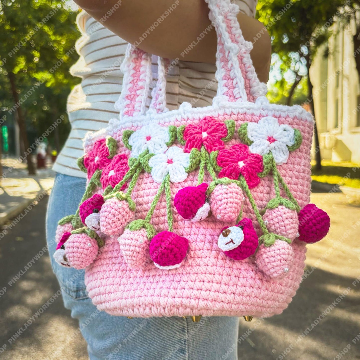 Crochet Strawberry Bag | Bear Bag Charm | Handmade Pink Flower Tote | Cute Kawaii Fruit Purse | Gift for Girls & Women