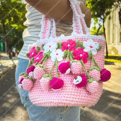 Crochet Strawberry Bag | Bear Bag Charm | Handmade Pink Flower Tote | Cute Kawaii Fruit Purse | Gift for Girls & Women