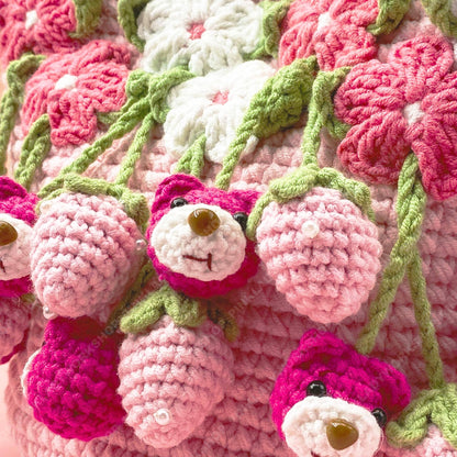 Crochet Strawberry Bag | Bear Bag Charm | Handmade Pink Flower Tote | Cute Kawaii Fruit Purse | Gift for Girls & Women