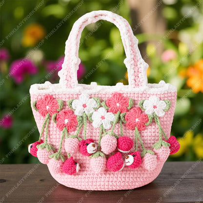 Crochet Strawberry Bag | Bear Bag Charm | Handmade Pink Flower Tote | Cute Kawaii Fruit Purse | Gift for Girls & Women
