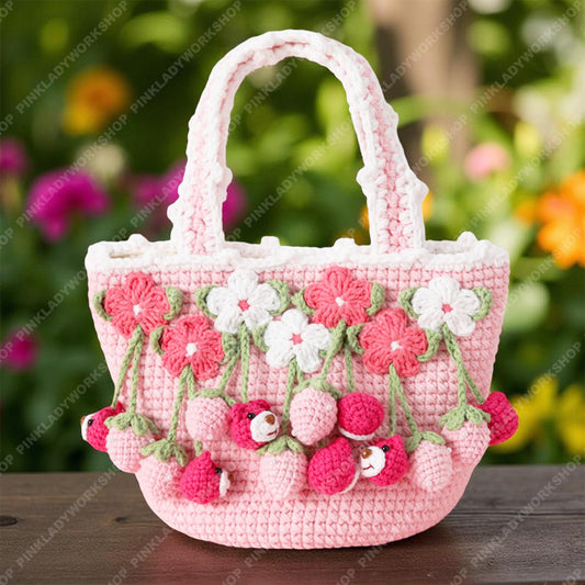Crochet Strawberry Bag | Bear Bag Charm | Handmade Pink Flower Tote | Cute Kawaii Fruit Purse | Gift for Girls & Women
