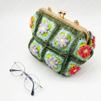 Crochet Granny Square Purse | Floral Handmade Clutch Bag with Gold Frame | Retro Flower Handbag | Gift for Women