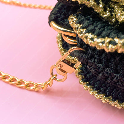 Crochet Rose Evening Bag | Handmade Black & Gold Floral Purse