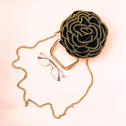 Crochet Rose Evening Bag | Handmade Black & Gold Floral Purse