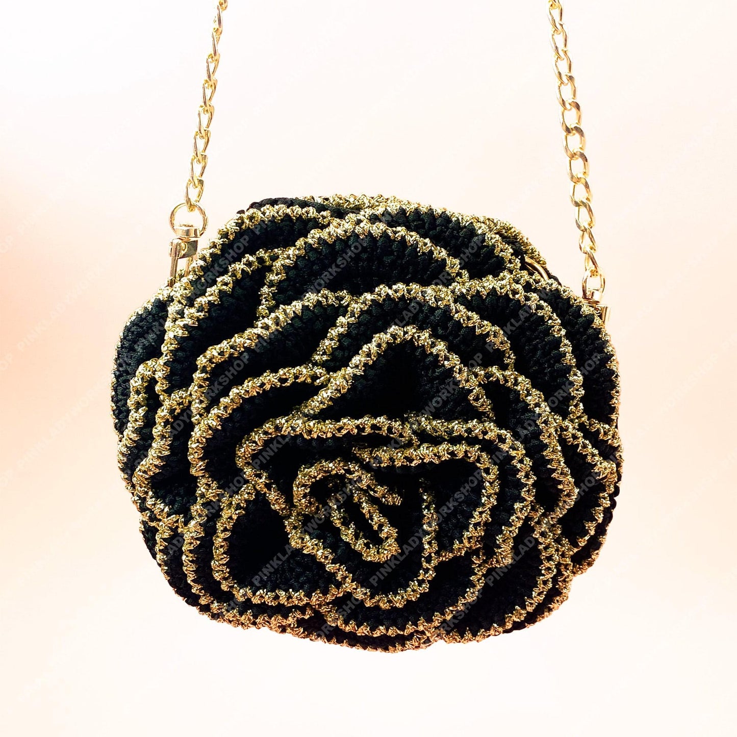 Crochet Rose Evening Bag | Handmade Black & Gold Floral Purse