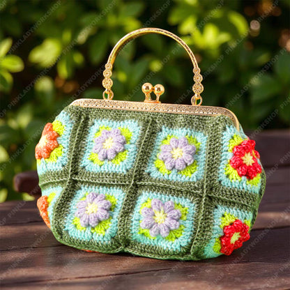 Crochet Granny Square Purse | Floral Handmade Clutch Bag with Gold Frame | Retro Flower Handbag | Gift for Women