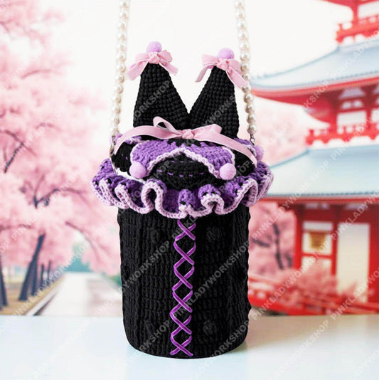 Pre-order Kawaii Anime Bunny Bag | Japanese Anime Crochet Bottle Purse | Gothic Lolita Crossbody | Purple Black Pearl Strap Handmade Gift