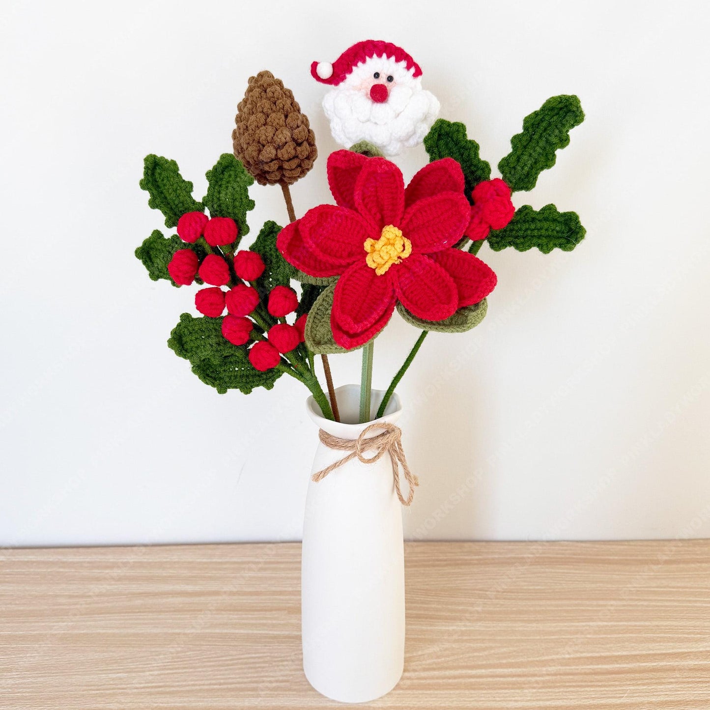 Crochet Christmas Bouquet: Poinsettia, Pine & Holly - Handmade Yarn Decor