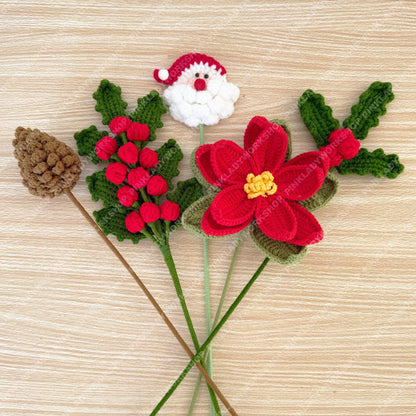Crochet Christmas Bouquet: Poinsettia, Pine & Holly - Handmade Yarn Decor