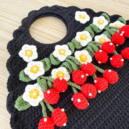 Crochet Strawberry Tote Bag | Handmade Purse | Cute Floral Bag with 3D Strawberry