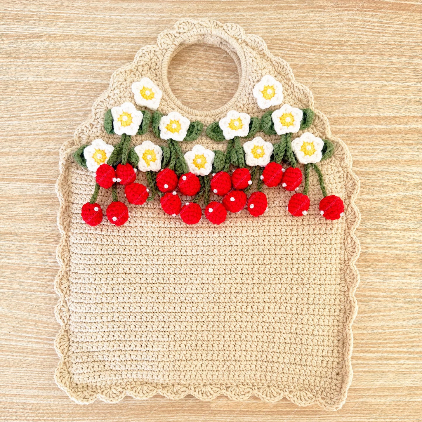Crochet Strawberry Tote Bag | Handmade Purse | Cute Floral Bag with 3D Strawberry