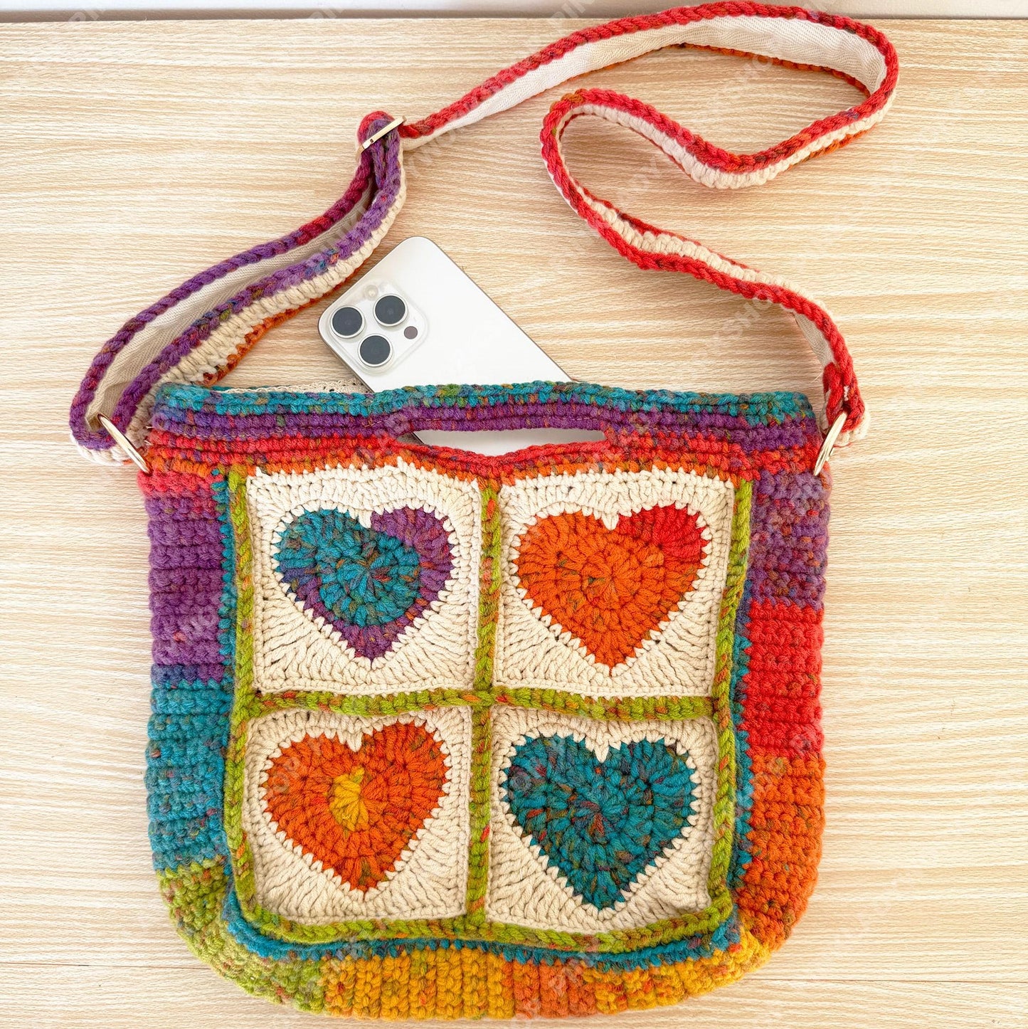 Pre-order Handmade Crochet Granny Square Bag: Colorful Heart Purse