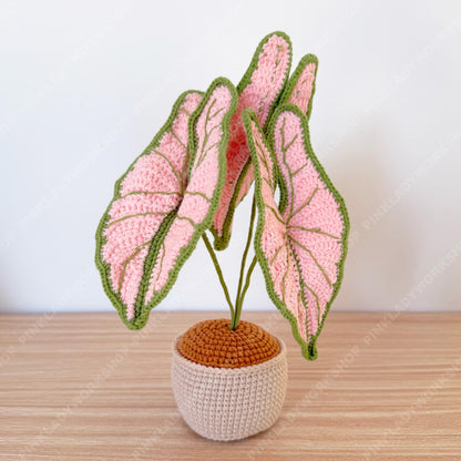 Pre-order Handmade Crochet Pink Caladium Plant | Faux Potted Houseplant