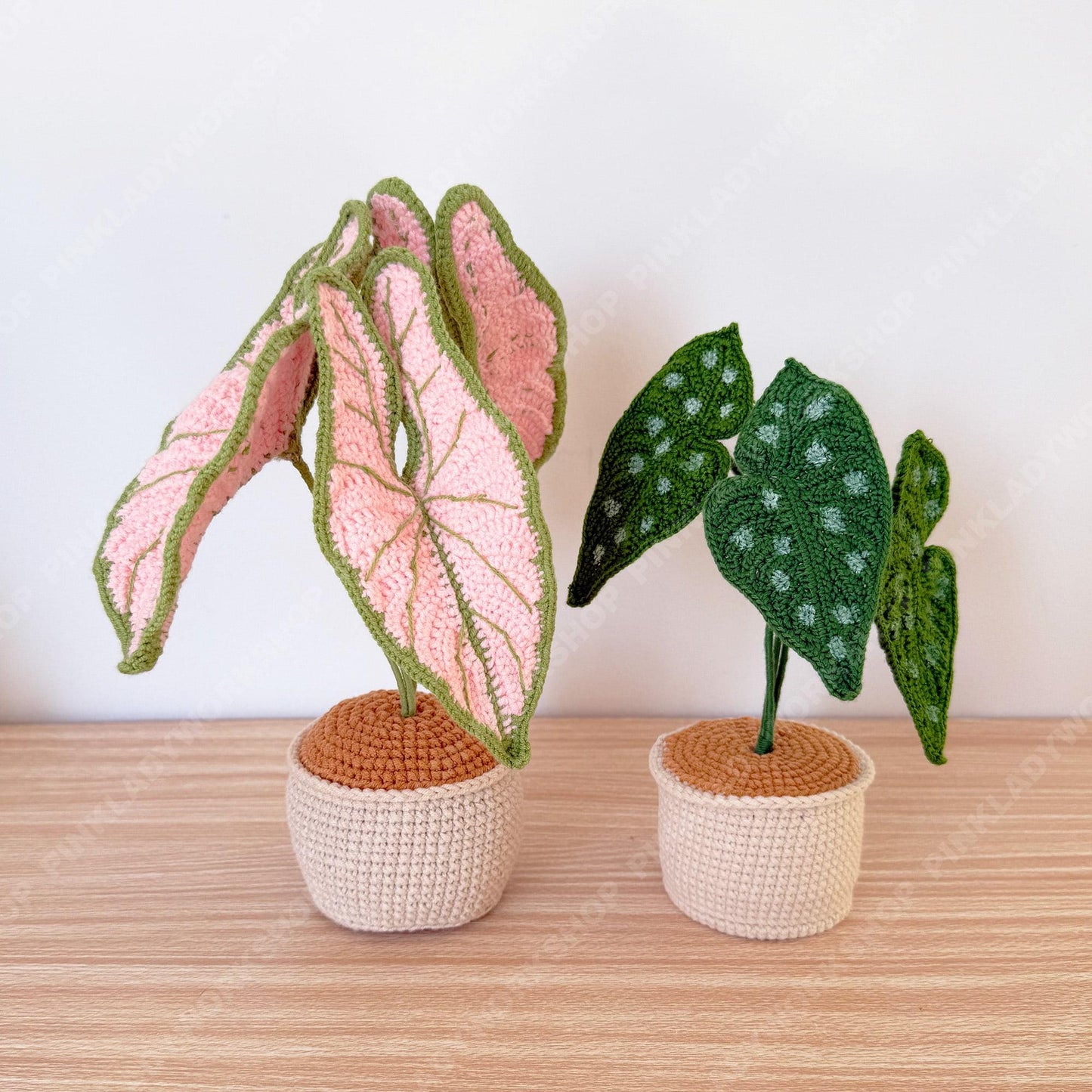Pre-order Handmade Crochet Pink Caladium Plant | Faux Potted Houseplant