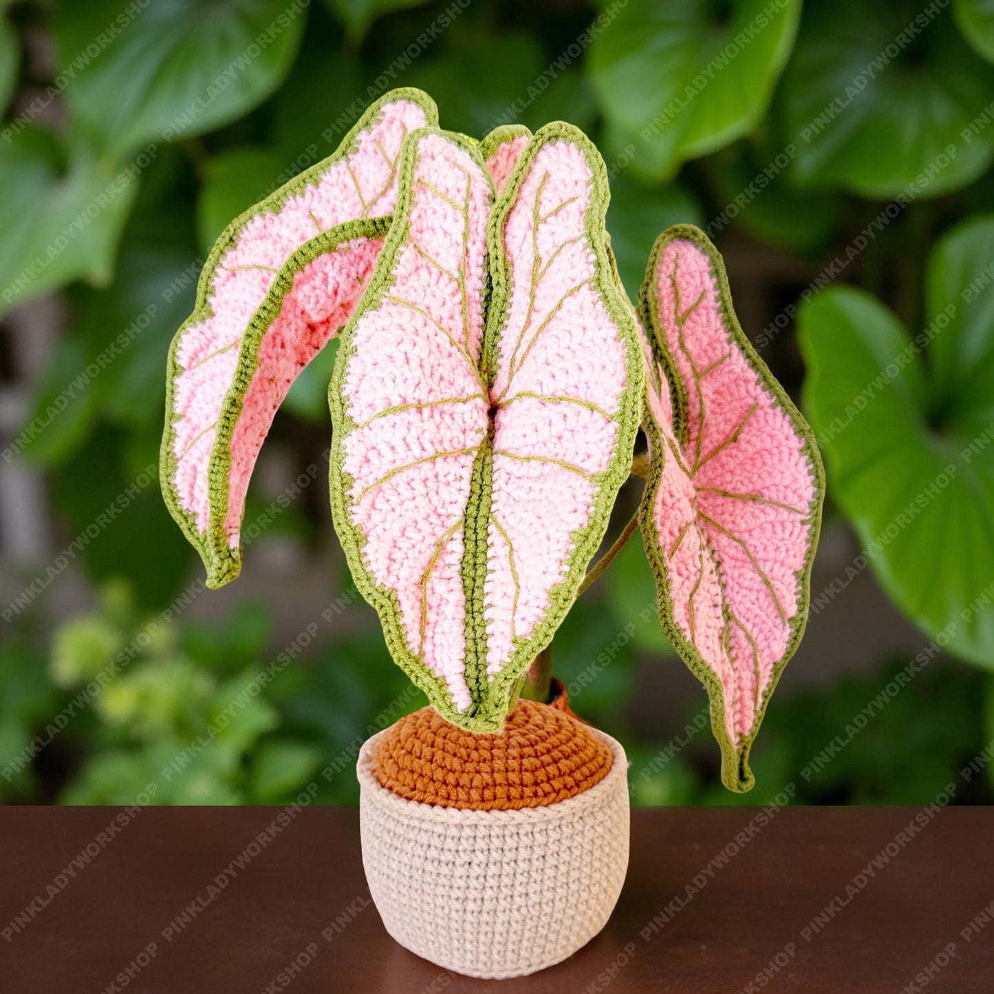 Pre-order Handmade Crochet Pink Caladium Plant | Faux Potted Houseplant