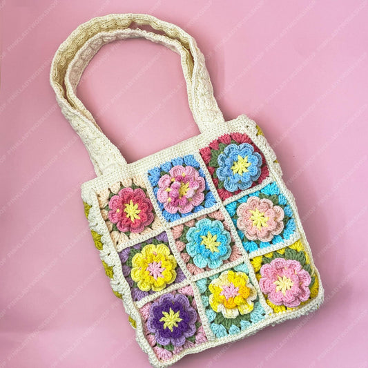 Pre-order Crochet Flower Tote Bag | Granny Square Boho Purse | Handmade Colorful Floral Bag | Retro Crochet Shoulder Bag